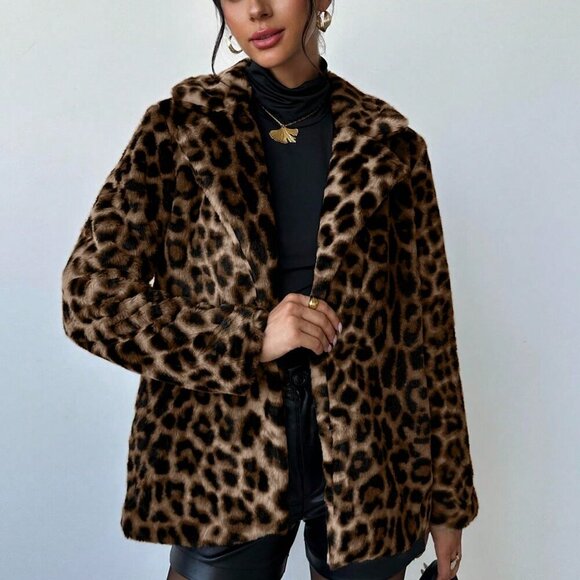 Brown Casual Women's Leopard Print Faux Fur Coat jacket - Picture 4 of 11